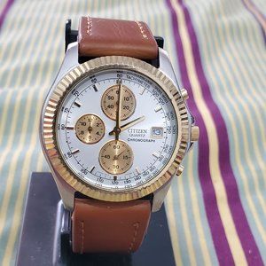 Citizens quartz chronograph gold and tan band